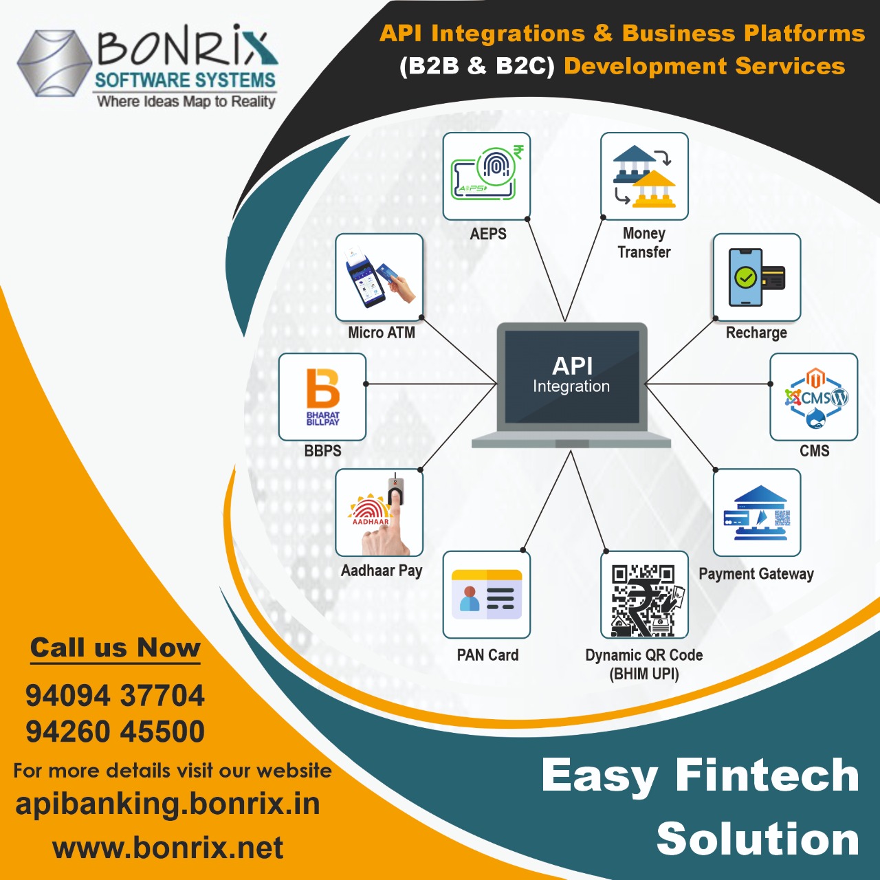 API Integration & Business Platforms Development Services: Includes MicroATM, AEPS, Money Transfer, Recharge, CMS, Payment Gateway, Dynamic QR Code (BHIM UPI), PAN Card, Aadhar Pay, BBPS. Easy Fintech Solution.
